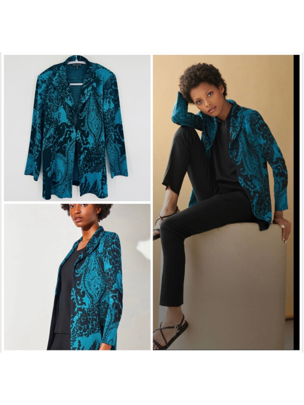Ming Wang Shawl Collar Knit Paisley Jacket Size Petite Large Blue Black